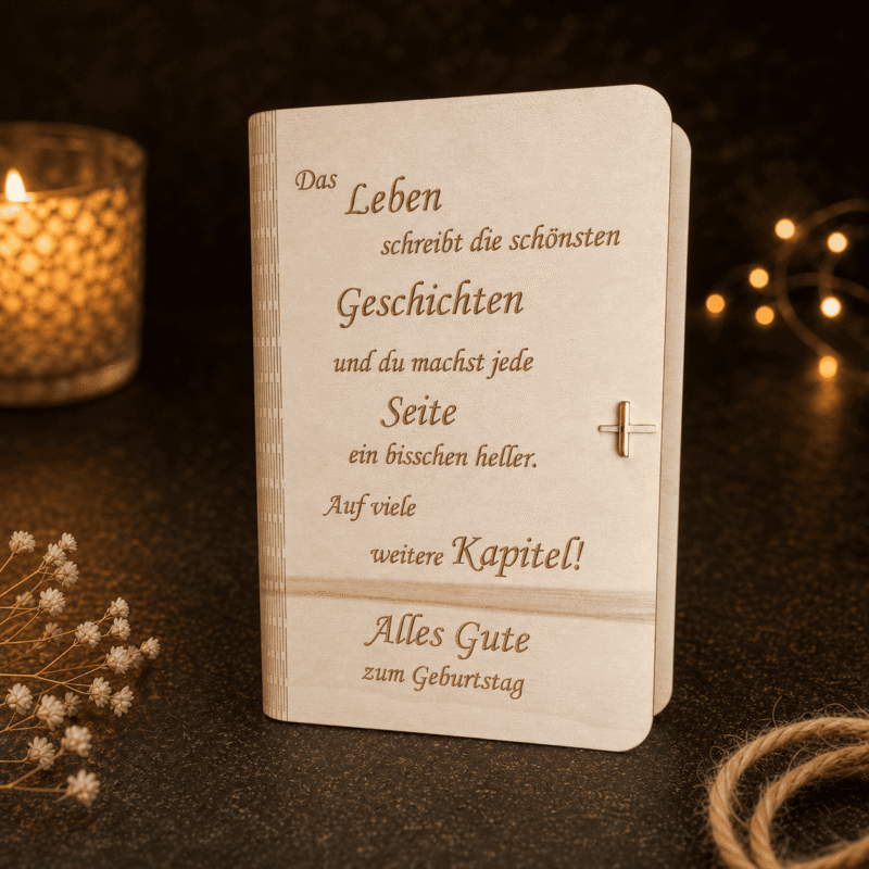 Buchbox Groß aus Holz mit gravierter Geburtstagswidmung, Vorderansicht