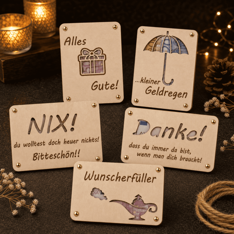 Wunscherfüller aus Holz als Geldgeschenk mit Gravur