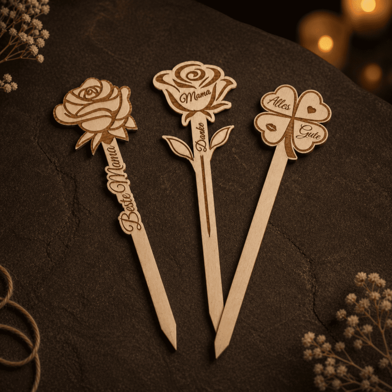 Blumenstecker aus Holz mit Lasergravur, in einem Blumentopf steckend