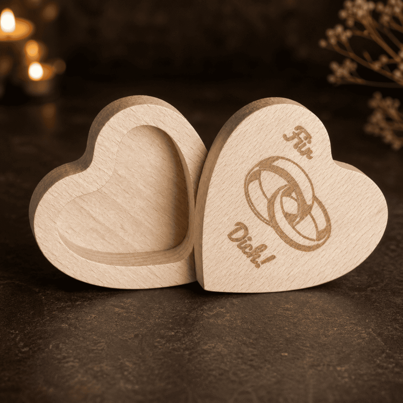 Ringbox in Herzform aus Holz mit Lasergravur